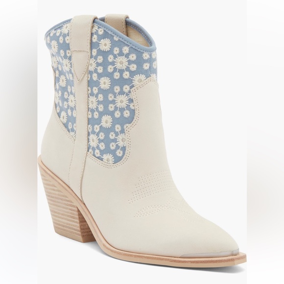 NWT Dolce Vita Nashe Floral Embroidered Cream and Blue Ankle Boots- 7.5 - Picture 1 of 11